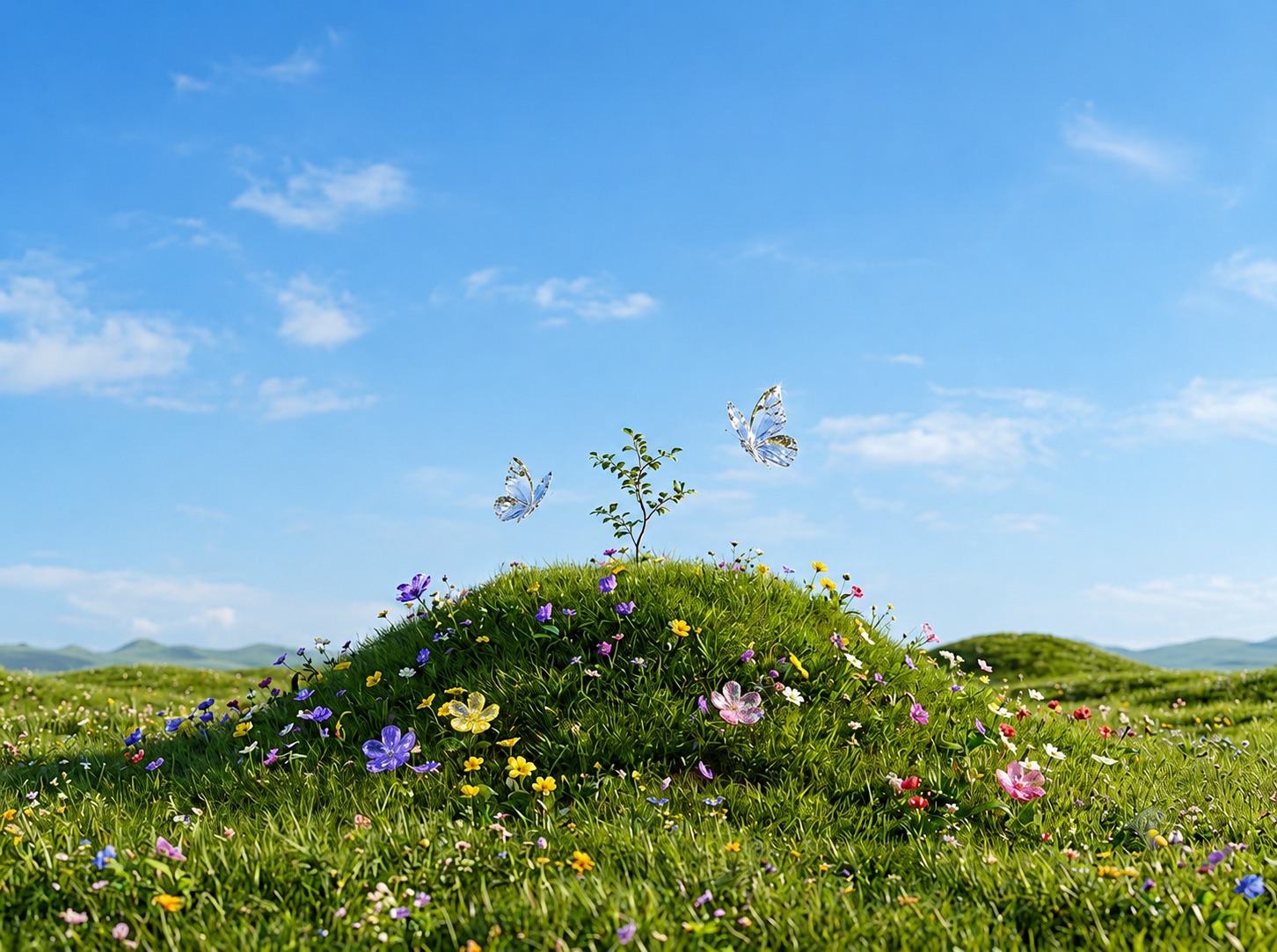 Flower hill with blue sky and butterflies