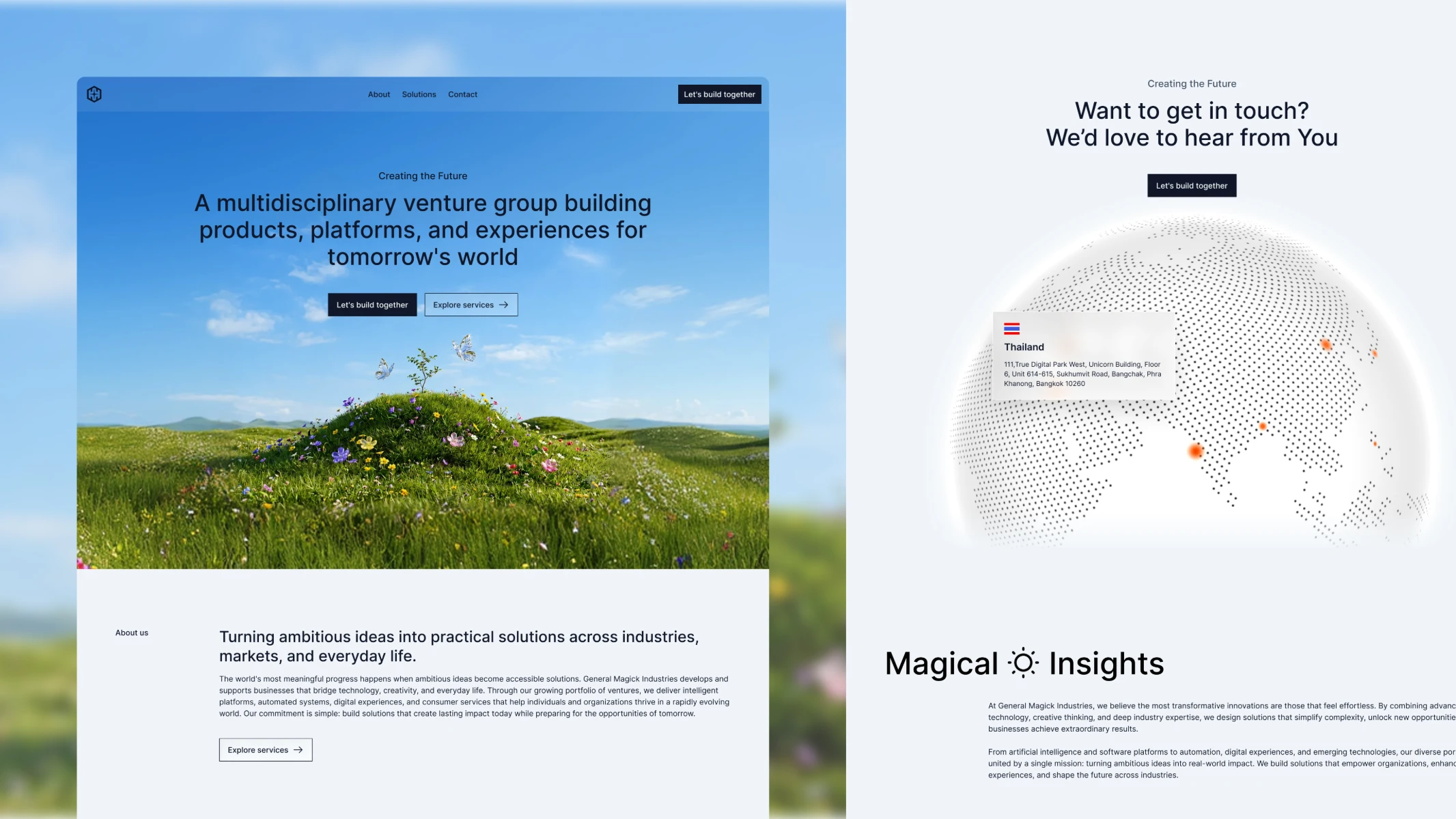 Meditation retreat marketing site beside a contact page with a world map